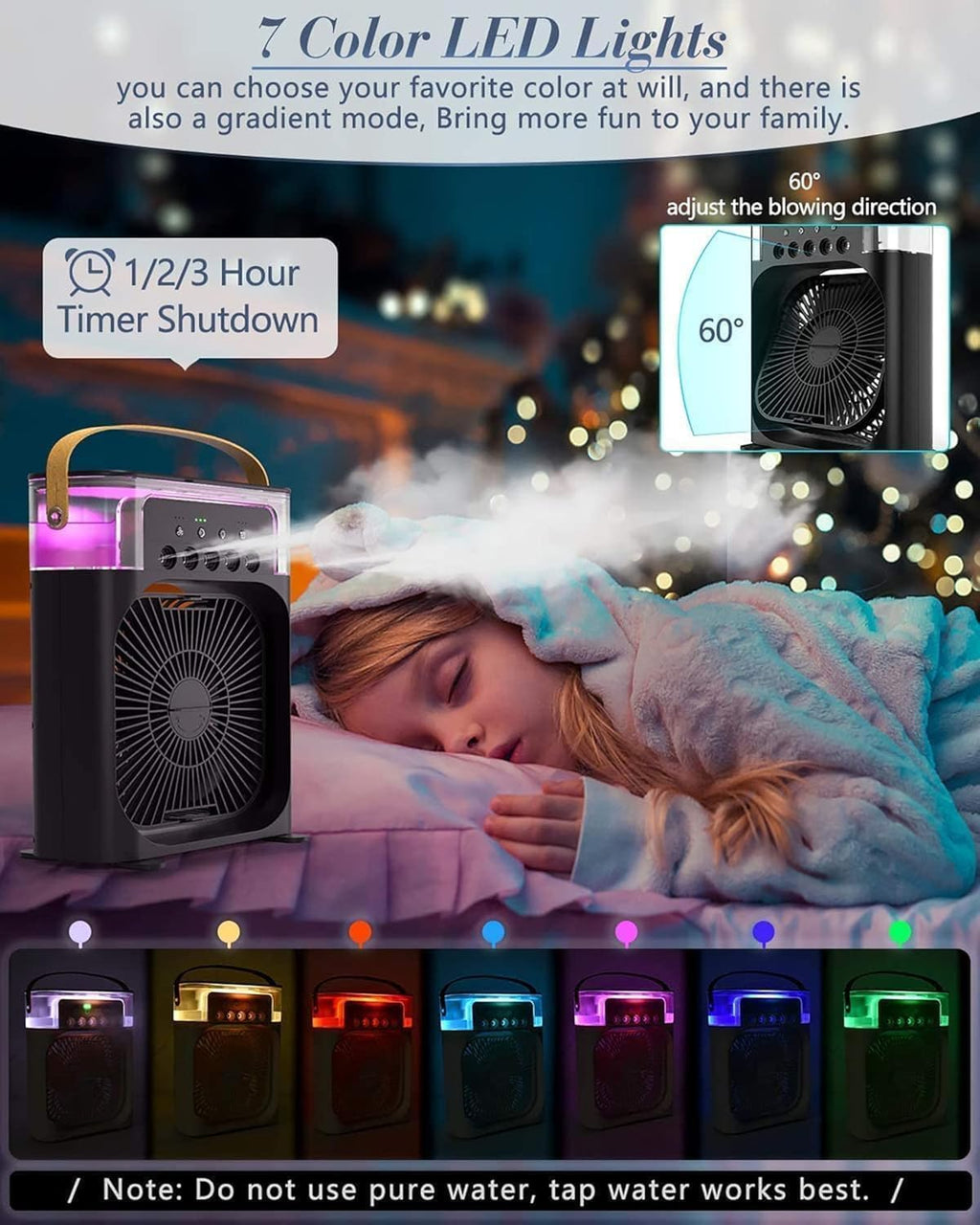 Mini Portable Air Conditioner – Quiet USB Personal Cooler Fan with 360° Adjustable Mist, 3-Speed Timer & Water Tank for Desk, Home, Office, or Kitchen