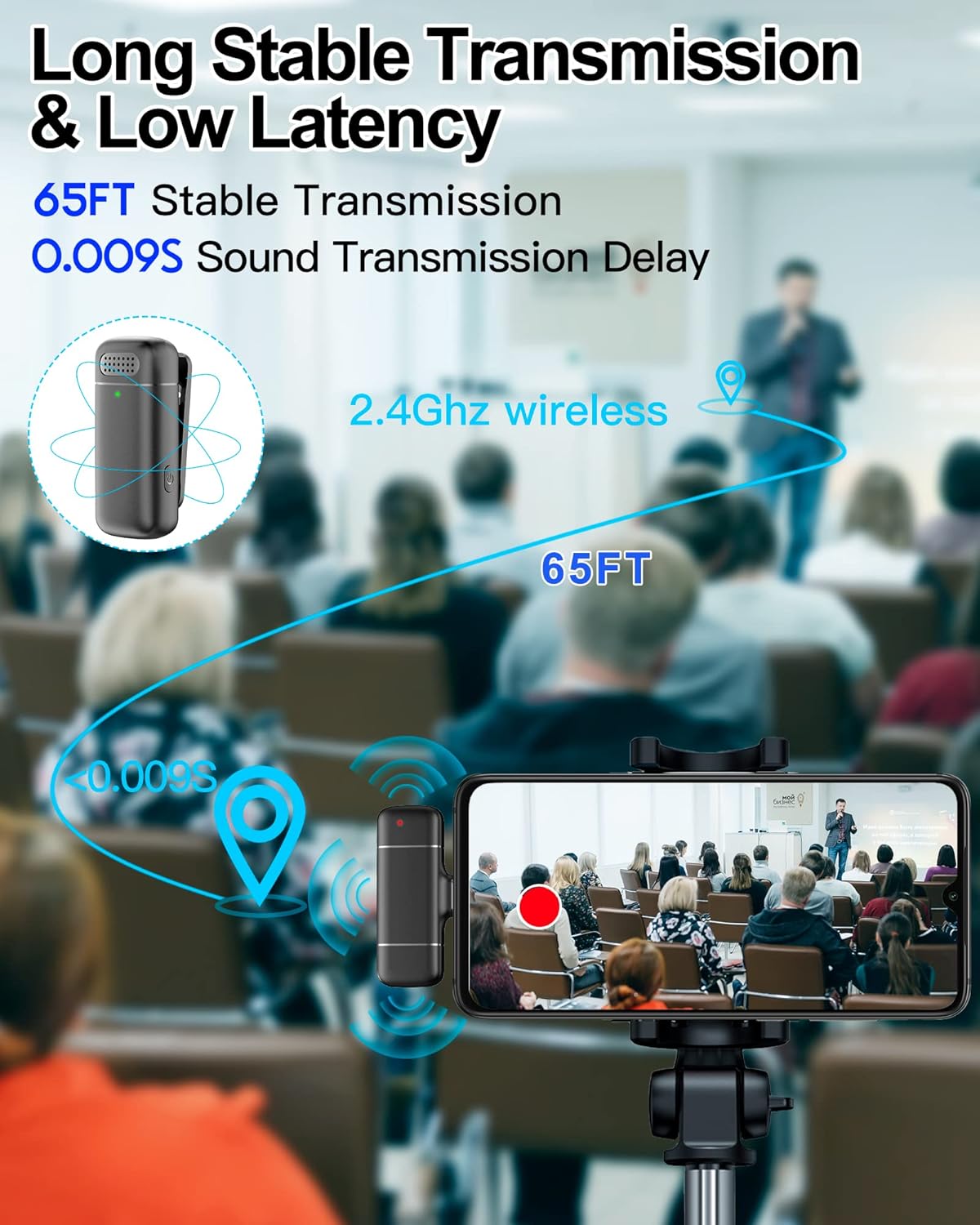 Professional Wireless Lavalier Microphone ,for iPhone iPad Android with Charging case for Video Recording, Interview, Automatic Noise Reduction