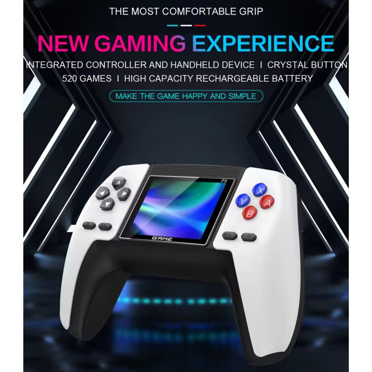 P5 Game Box Retro Handheld Game Console with 520 Built-in Games,1 Player Output for Big Screen Play; Includes Battery, USB Cable, & AV TV Output Cable for P5 Ergonomic Features Gaming