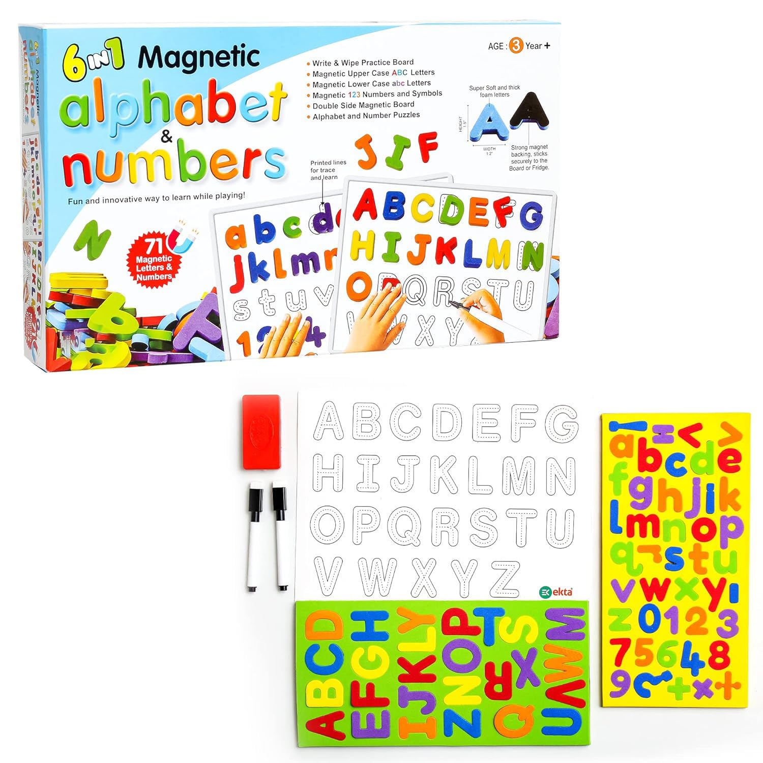 6-in-1 Magnetic Alphabet and Numbers Set, Educational Board with 71 Letters and Numbers, Double-Sided Practice Board, Age 3+