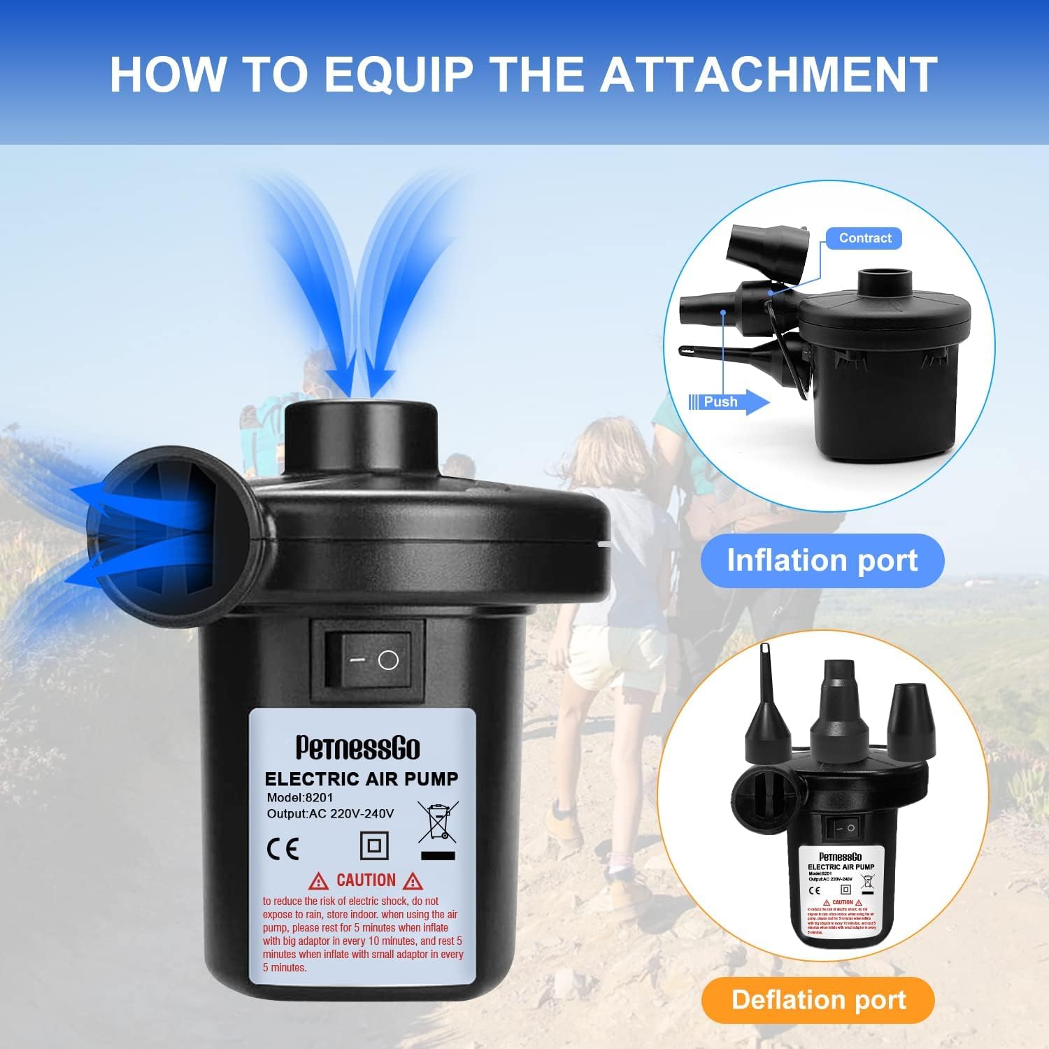 Portable Electric Air Pump 130W with 3 Nozzles | Quick-Fill Inflator/Deflator for Air Beds, Sofas, Rafts & Pool Floats | 220V AC