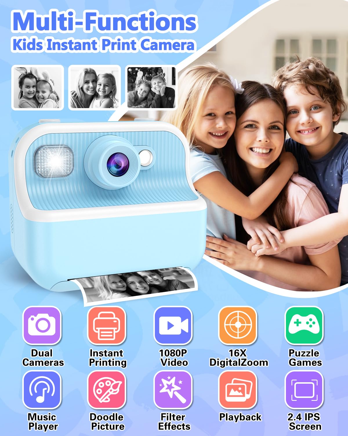 Kids Instant Print Camera – Dual Lens, 1080P Video, Thermal Printing & Fun Filters | Includes Paper Rolls, Pens & Rechargeable Battery