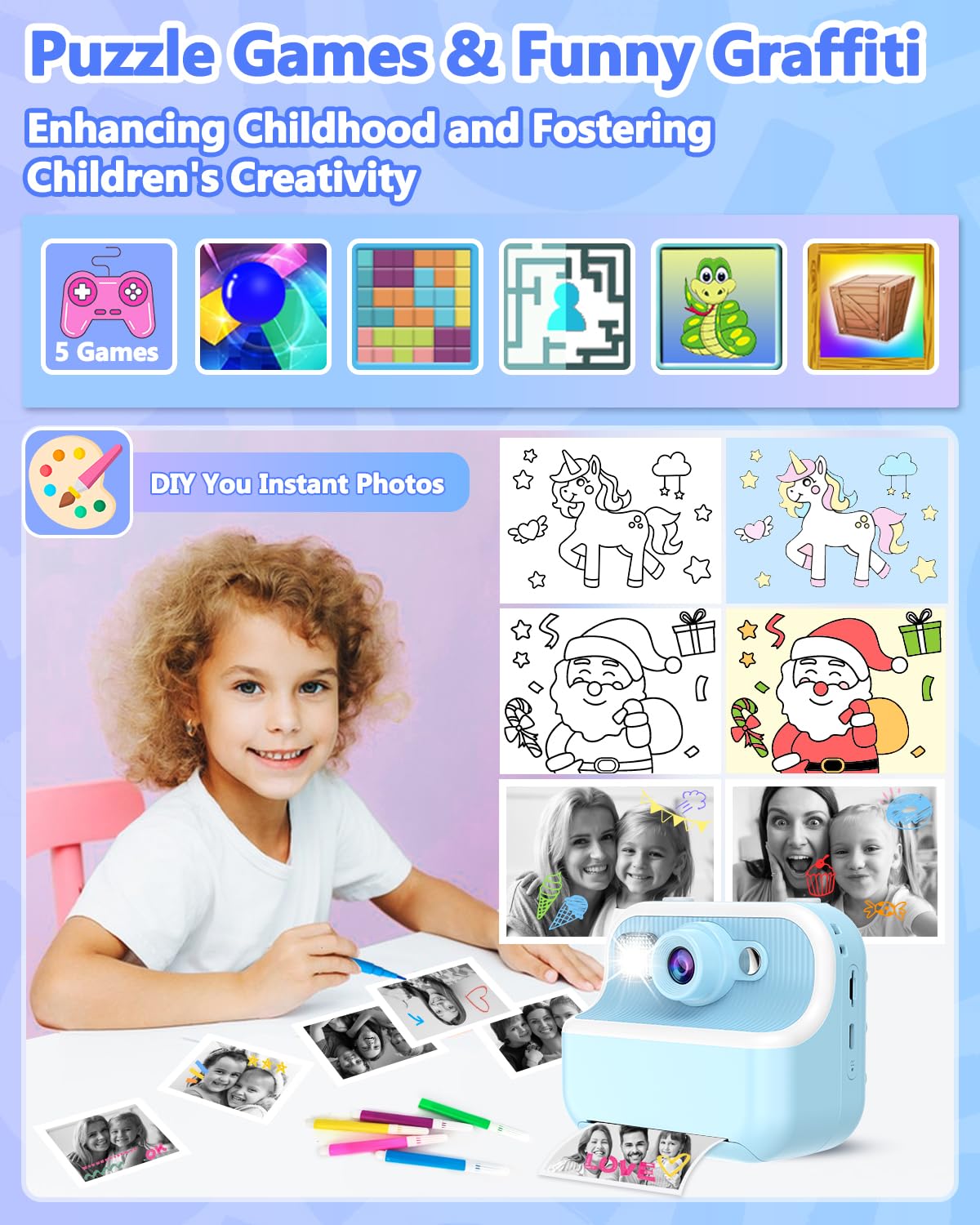 Kids Instant Print Camera – Dual Lens, 1080P Video, Thermal Printing & Fun Filters | Includes Paper Rolls, Pens & Rechargeable Battery