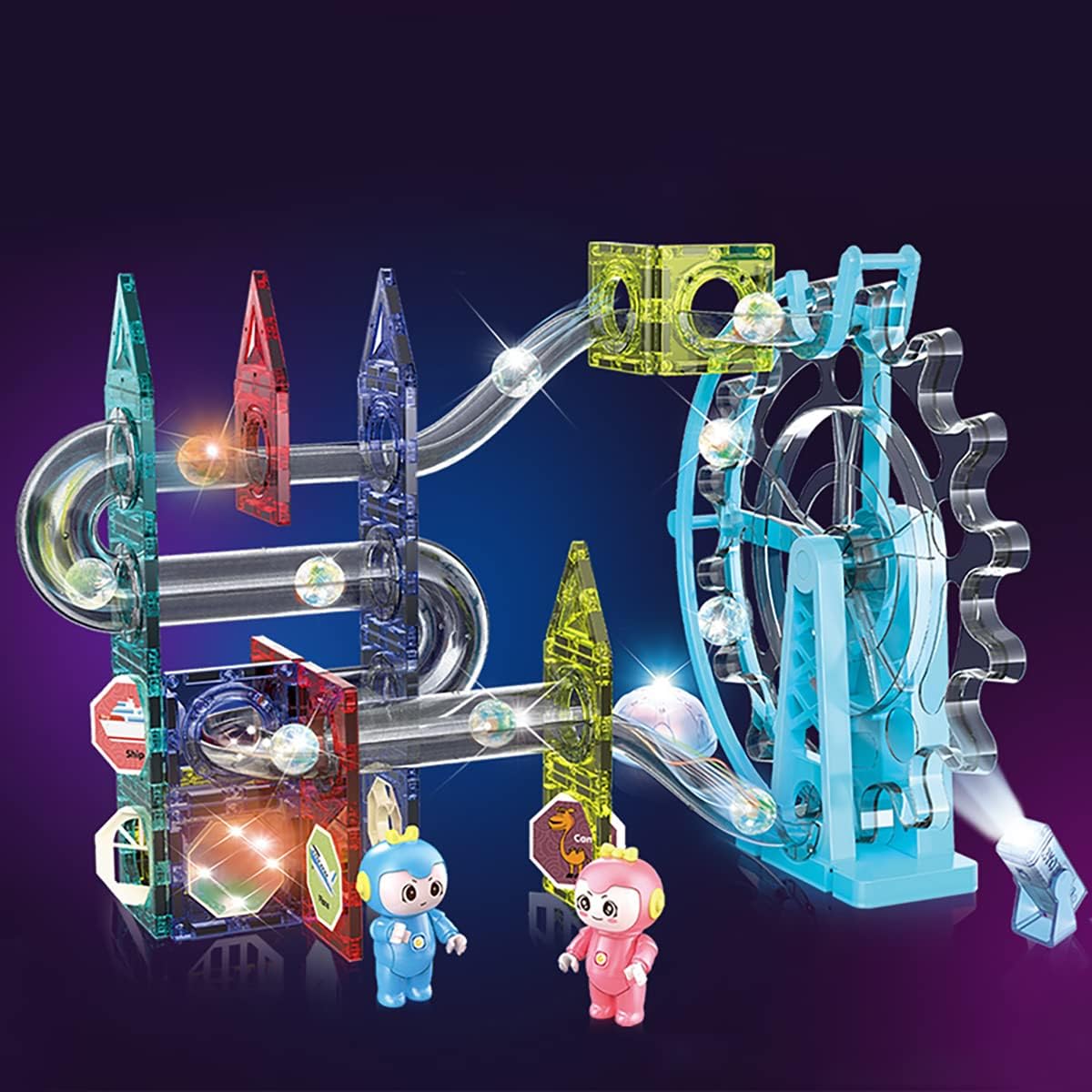 Light-Music-Electric Magnetic Tiles- Building Blocks for Kids 80-Pieces Light & Musical Ferris Wheel Marble Run 3D STEAM Toys for Kids