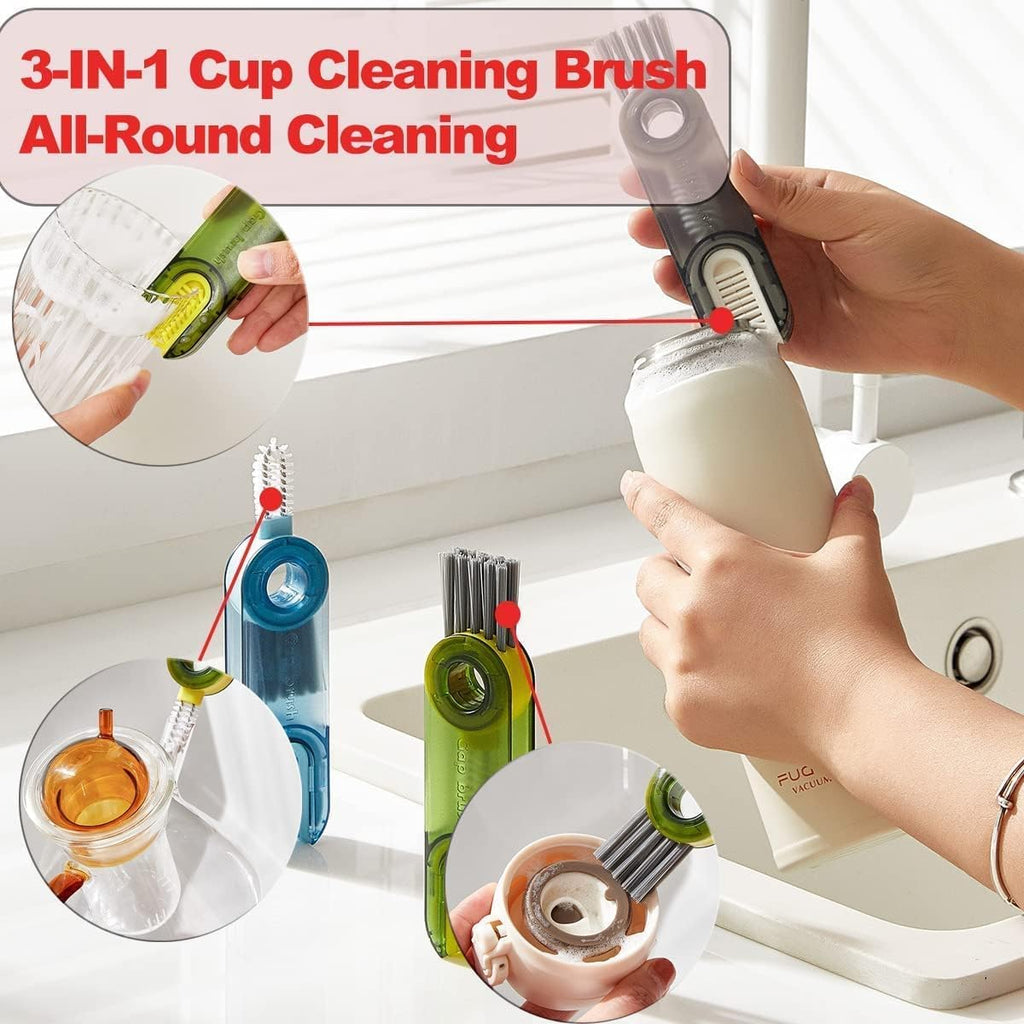 3-in-1 Multifunctional Bottle Cleaning Brush – U-Shaped, Triangular & Stiff Bristle Heads for Tight Spaces