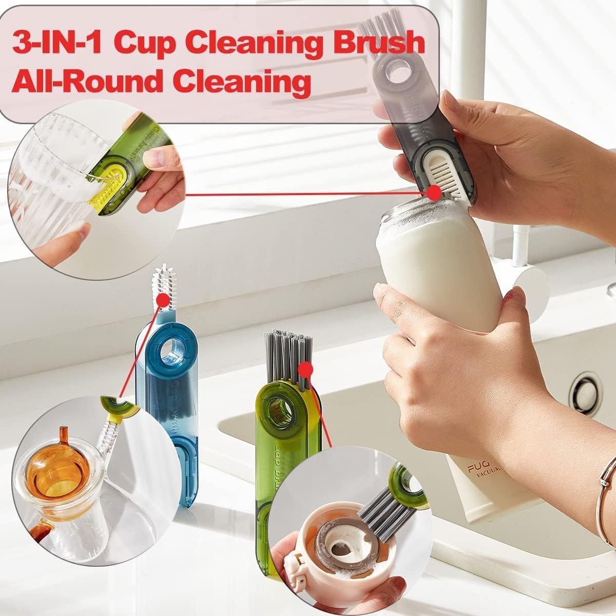 3-in-1 Multifunctional Bottle Cleaning Brush – U-Shaped, Triangular & Stiff Bristle Heads for Tight Spaces