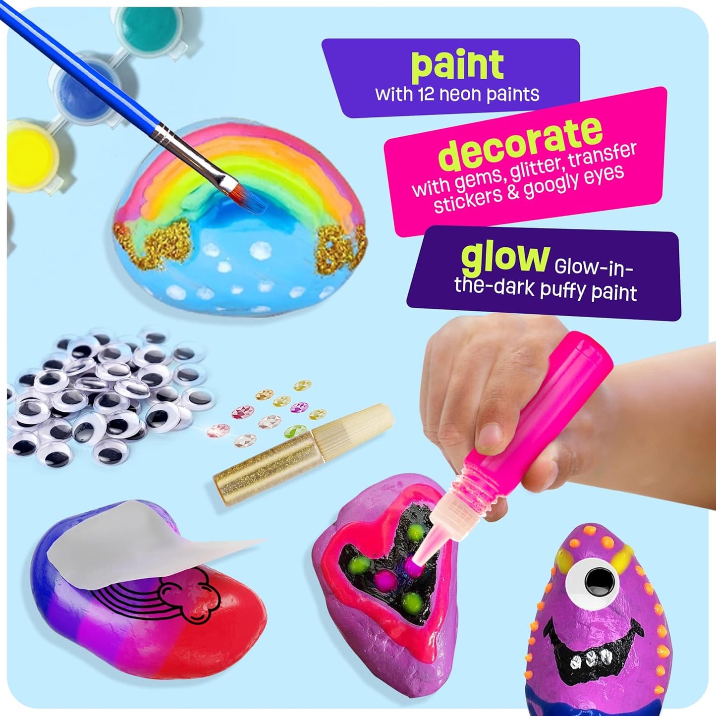 Kids Rock Painting Kit - Glow in The Dark - Arts & Crafts Gifts for Boys and Girls Ages 4-12 - Craft Activities Kits - Creative Art Toys for 4, 5, 6, 7, 8, 9, 10, 11 & 12 Year Old Kids