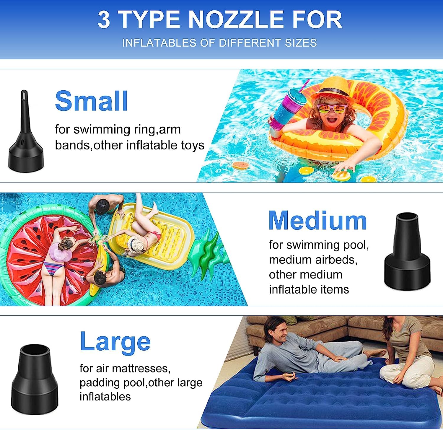 Portable Electric Air Pump 130W with 3 Nozzles | Quick-Fill Inflator/Deflator for Air Beds, Sofas, Rafts & Pool Floats | 220V AC