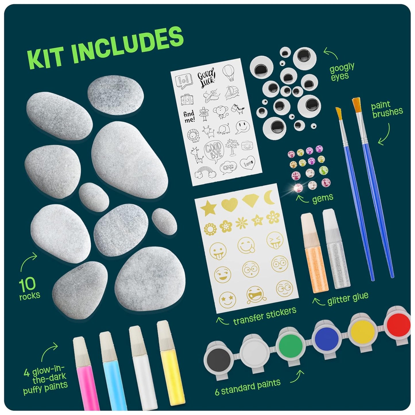 Kids Rock Painting Kit - Glow in The Dark - Arts & Crafts Gifts for Boys and Girls Ages 4-12 - Craft Activities Kits - Creative Art Toys for 4, 5, 6, 7, 8, 9, 10, 11 & 12 Year Old Kids