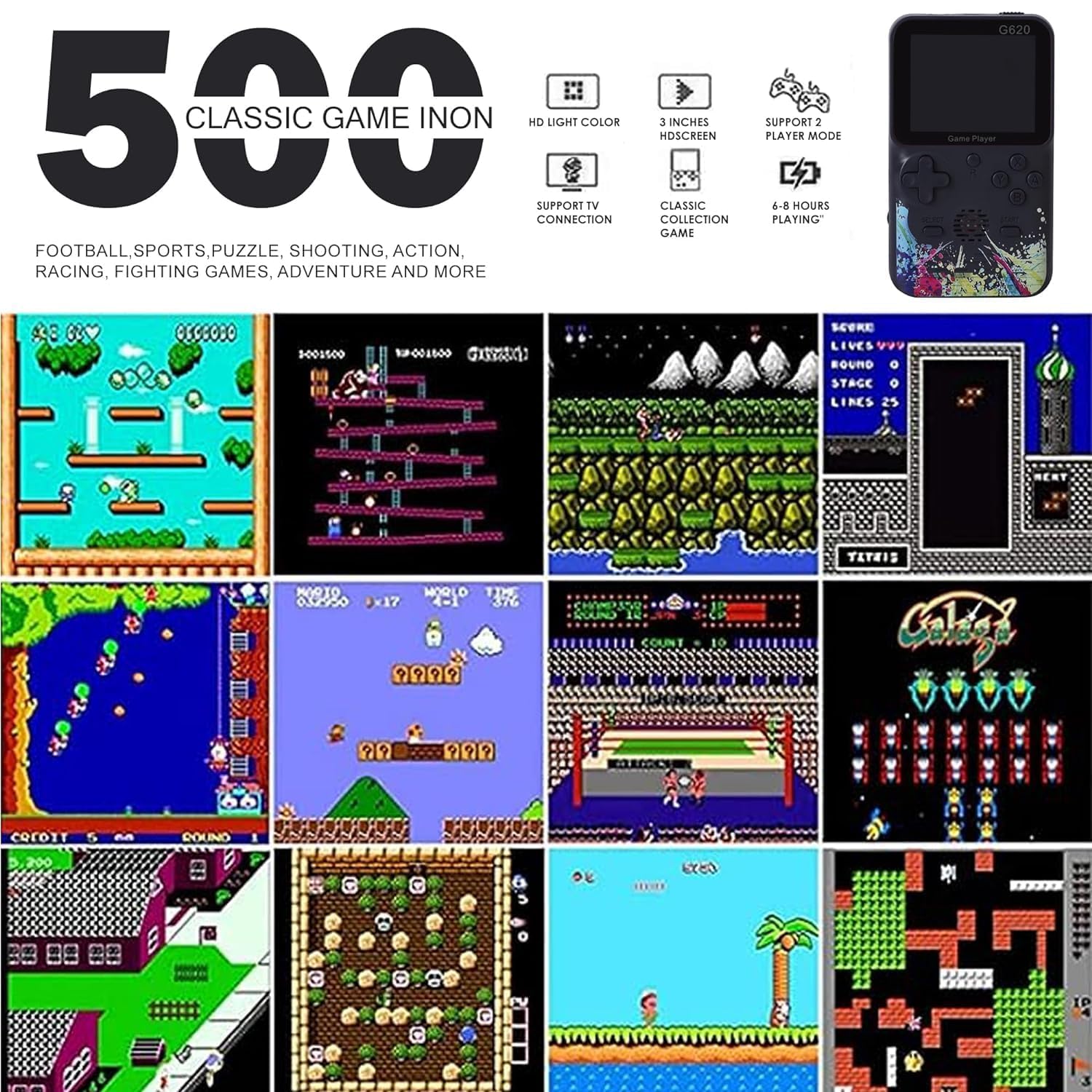 G620  Video Game for Kids Console 500 in 1 Classic Games Gameboy Edition 3 Inch Screen Support for TV Output Bliss Comes with Games Super Bros Street Fighter, Multicolor
