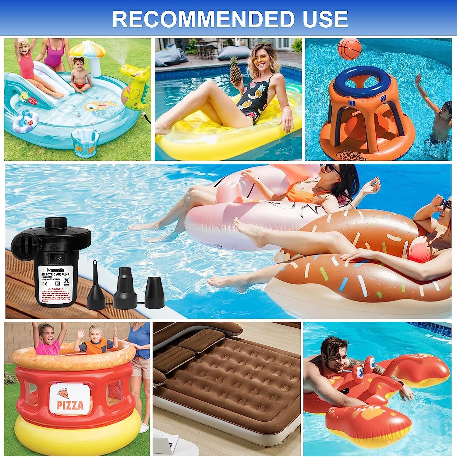 Portable Electric Air Pump 130W with 3 Nozzles | Quick-Fill Inflator/Deflator for Air Beds, Sofas, Rafts & Pool Floats | 220V AC