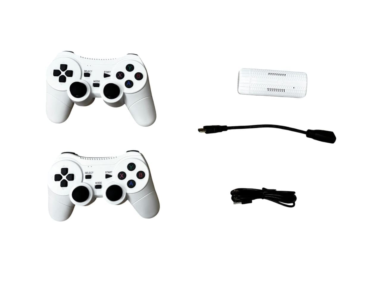Two white gaming controllers with a receiver and cable on a white background