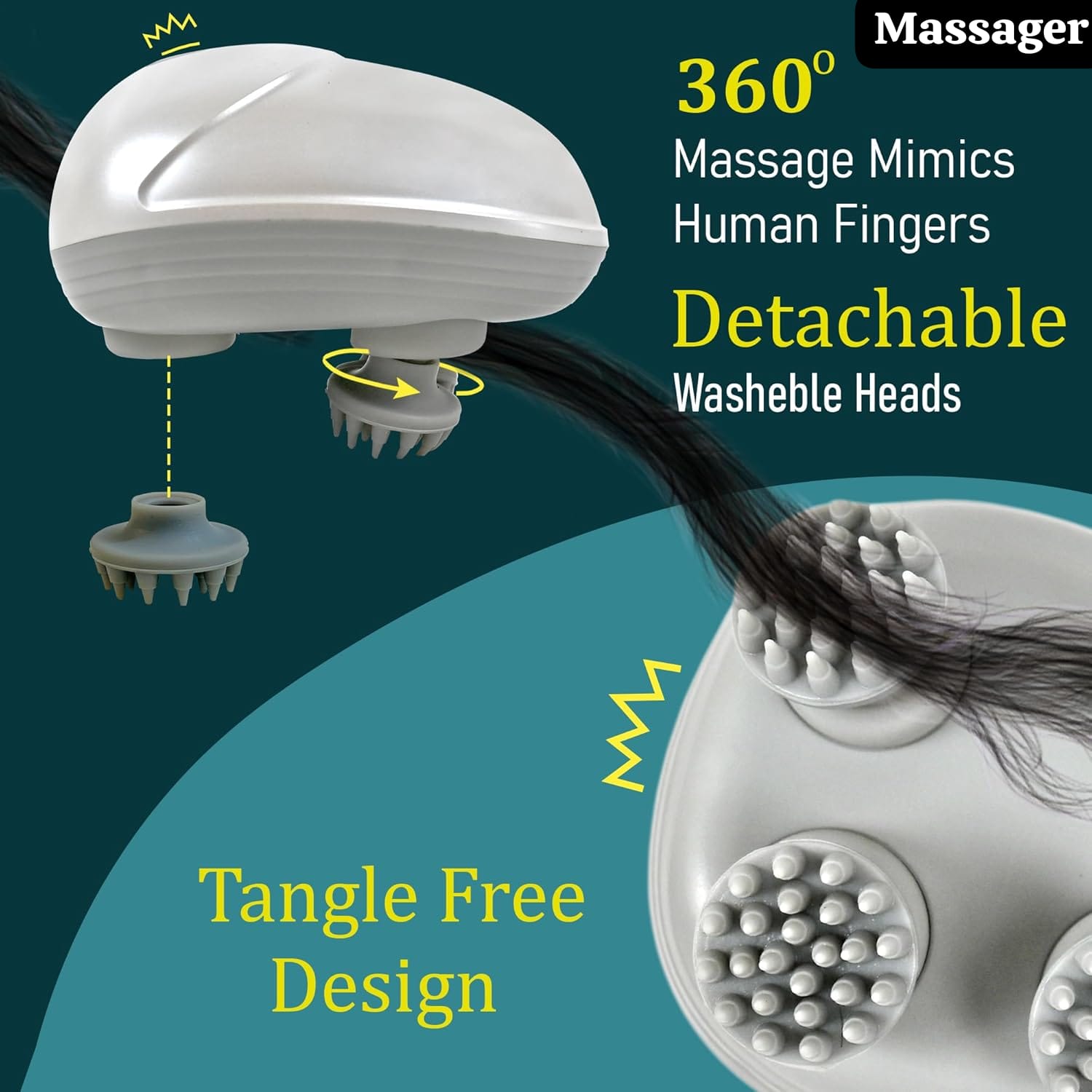 Head & Scalp Massager for Hair Growth – 360° Rotation, Detachable Heads, and Kneading Massage Therapy