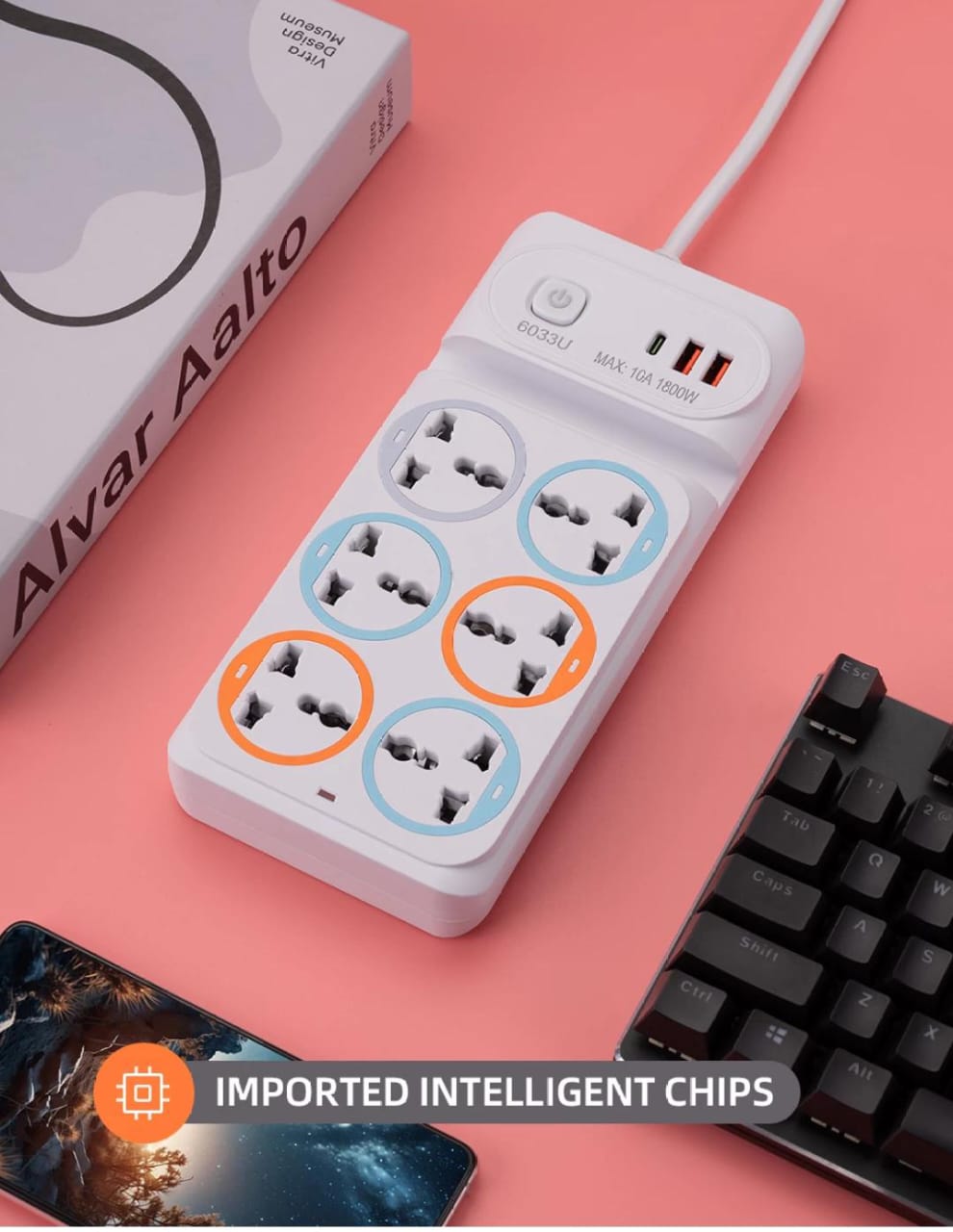 Universal Extension Board with 6 Power Sockets, 2 USB Ports & 1 Type-C Port – Ideal for Multiple Devices