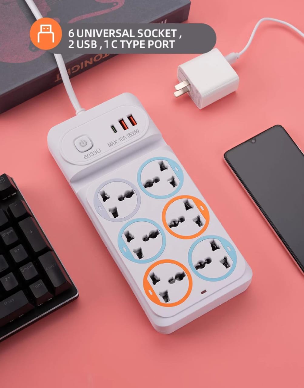 Universal Extension Board with 6 Power Sockets, 2 USB Ports & 1 Type-C Port – Ideal for Multiple Devices