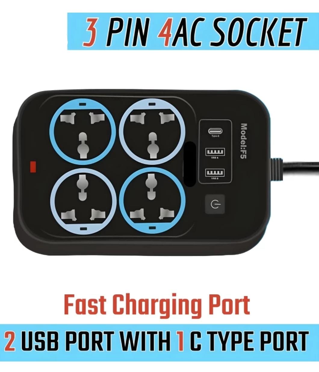 1-C Type & 2 USB Charging Ports with 4 AC Power Sockets – 1.8M Cord Length, 10A Three-Pin Socket for Efficient Power Management
