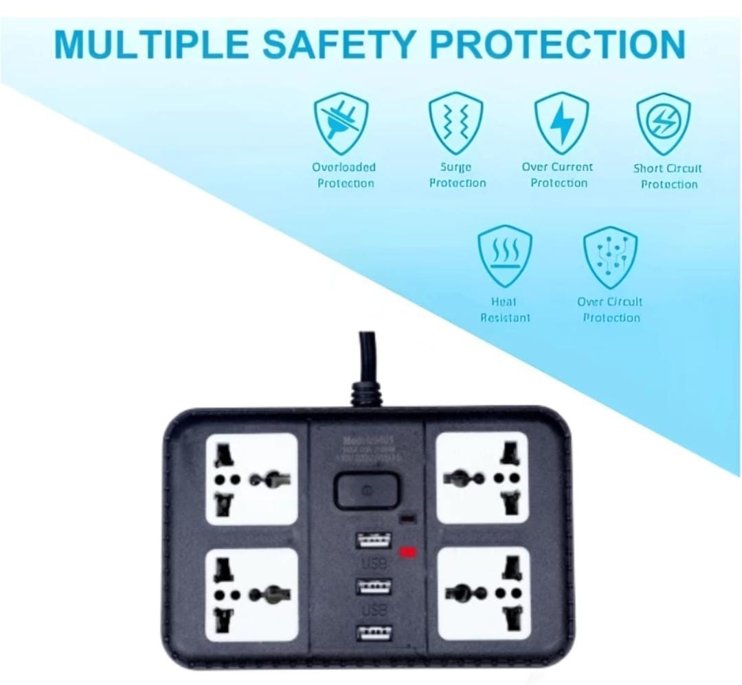 Extension Cord Board with 3 USB Charging Ports and 4 Socket -10 Amp Heavy Duty for Multiple Devices Smartphone Tablet Laptop