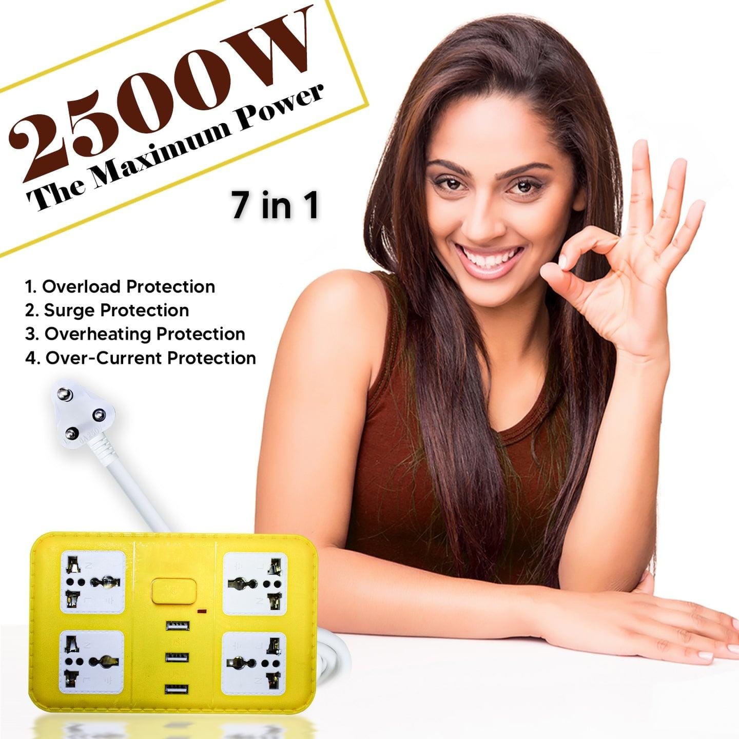 Extension Cord Board with 3 USB Charging Ports and 4 Socket -10 Amp Heavy Duty for Multiple Devices Smartphone Tablet Laptop