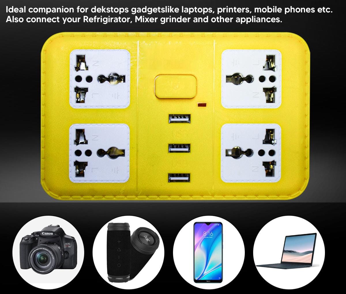 Extension Cord Board with 3 USB Charging Ports and 4 Socket -10 Amp Heavy Duty for Multiple Devices Smartphone Tablet Laptop