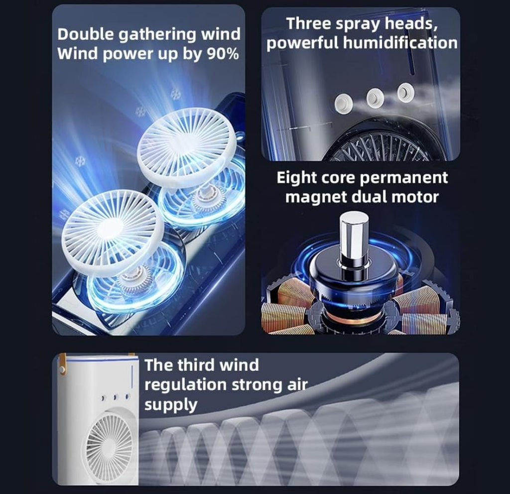 3-in-1 USB-C Rechargeable Tabletop Cooling Fan | Mist Humidifier, LED Night Light, 3-Speed Airflow | Portable Air Cooler for Home, Office & Outdoors