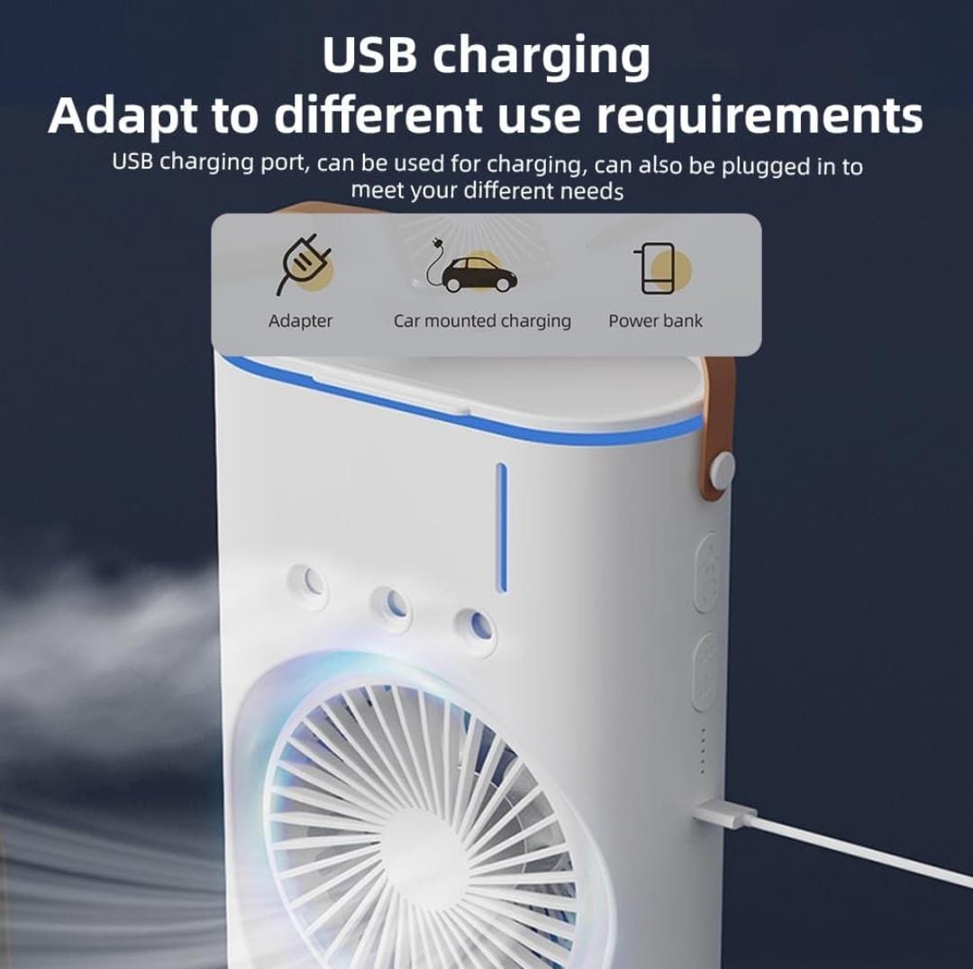 3-in-1 USB-C Rechargeable Tabletop Cooling Fan | Mist Humidifier, LED Night Light, 3-Speed Airflow | Portable Air Cooler for Home, Office & Outdoors
