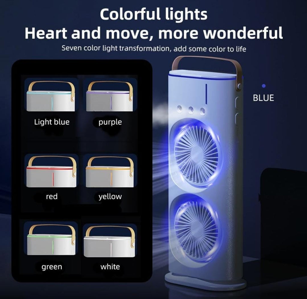 3-in-1 USB-C Rechargeable Tabletop Cooling Fan | Mist Humidifier, LED Night Light, 3-Speed Airflow | Portable Air Cooler for Home, Office & Outdoors