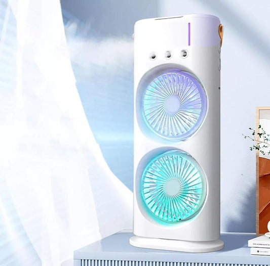 3-in-1 USB-C Rechargeable Tabletop Cooling Fan | Mist Humidifier, LED Night Light, 3-Speed Airflow | Portable Air Cooler for Home, Office & Outdoors