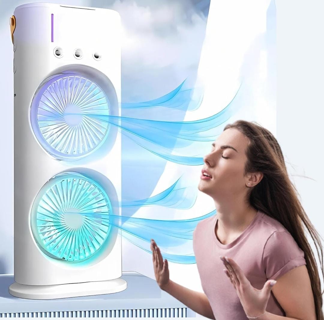 3-in-1 USB-C Rechargeable Tabletop Cooling Fan | Mist Humidifier, LED Night Light, 3-Speed Airflow | Portable Air Cooler for Home, Office & Outdoors