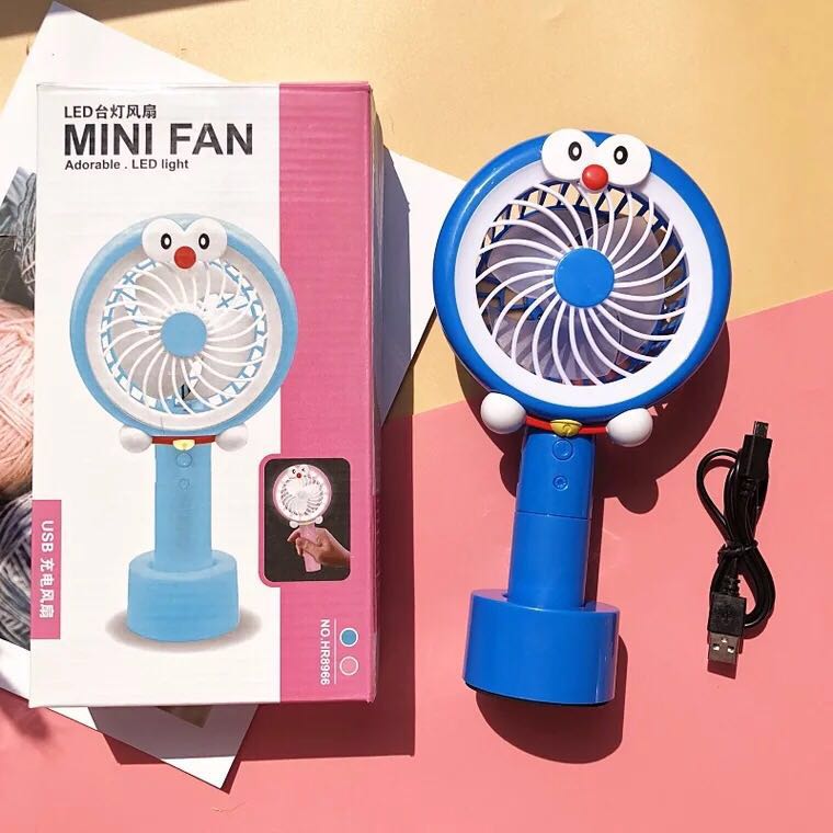 Cute Cartoon Mini Fan Handheld & Desktop USB Rechargeable Cooling Fan with light