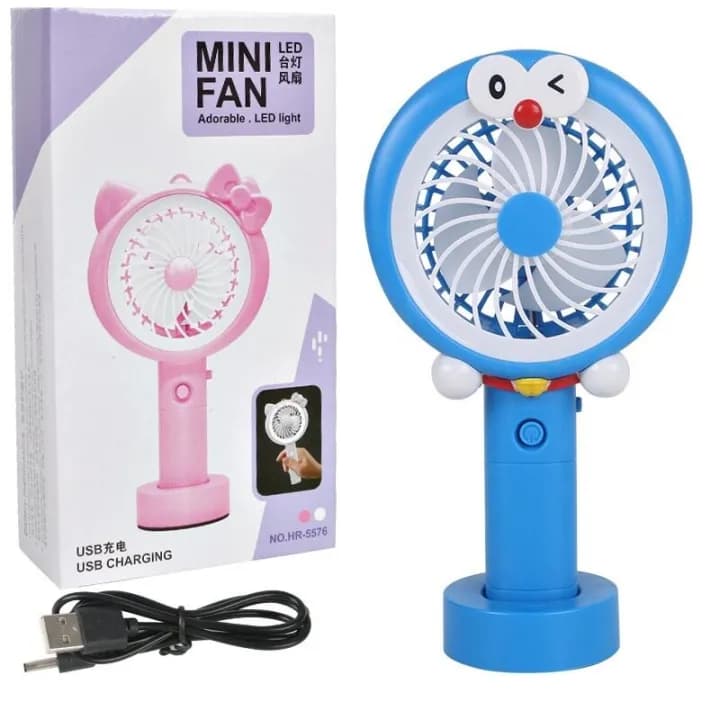 Cute Cartoon Mini Fan Handheld & Desktop USB Rechargeable Cooling Fan with light