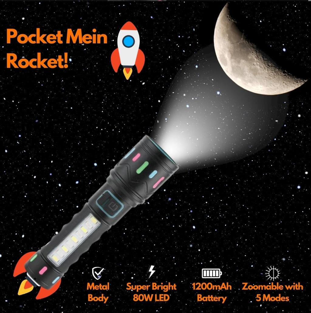 M036C (RECHARGEABLE LED METAL TORCH) Zoomable with 5 Modes Flashlight, Super Bright 80W LED Light with 1200mAh Battery
