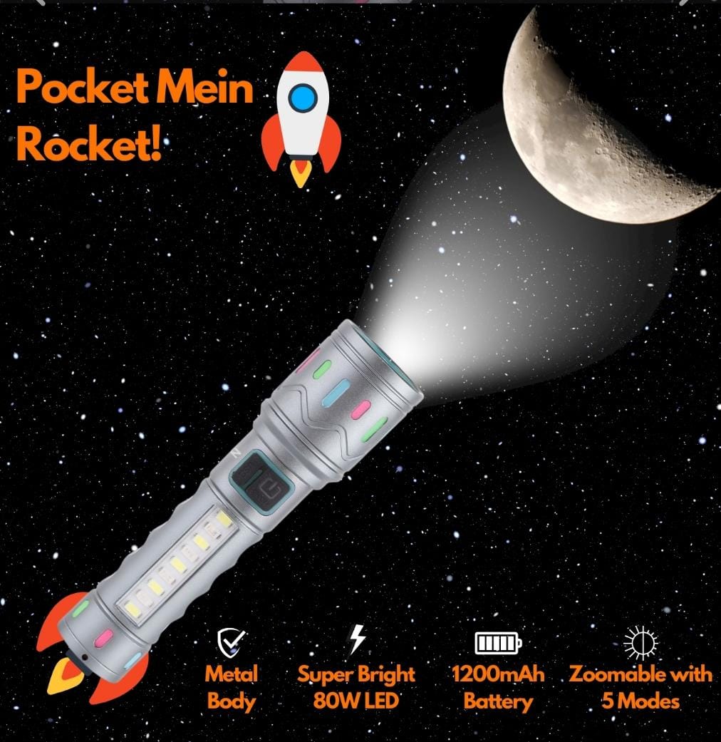 M036C (RECHARGEABLE LED METAL TORCH) Zoomable with 5 Modes Flashlight, Super Bright 80W LED Light with 1200mAh Battery