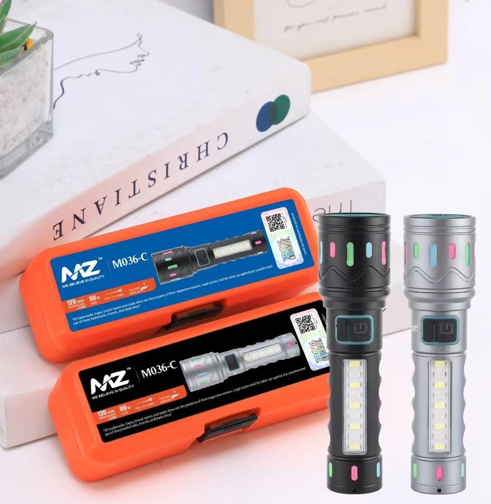M036C (RECHARGEABLE LED METAL TORCH) Zoomable with 5 Modes Flashlight, Super Bright 80W LED Light with 1200mAh Battery