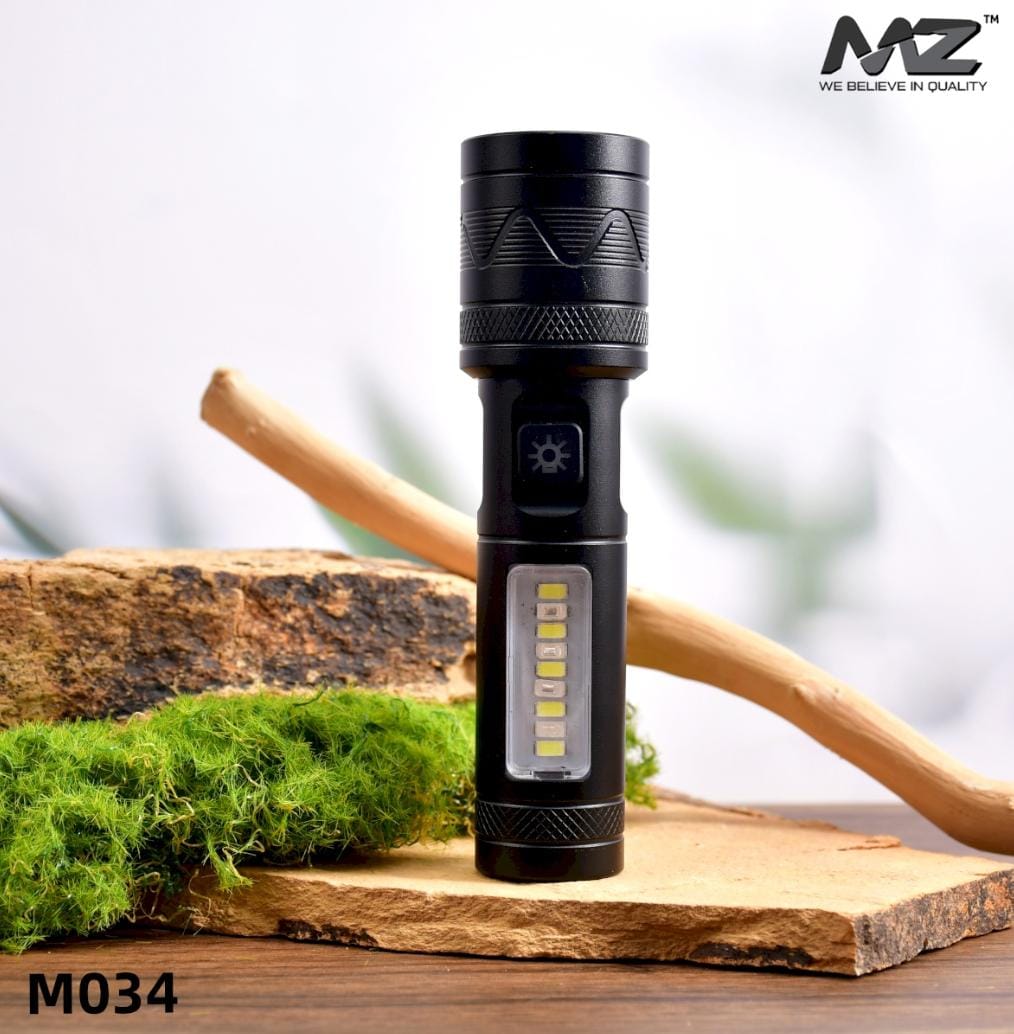 MZ M034 (RECHARGEABLE LED METAL TORCH) Zoomable with 3 Modes Flashlight, Super Bright 80W LED Light with 1200mAh Battery