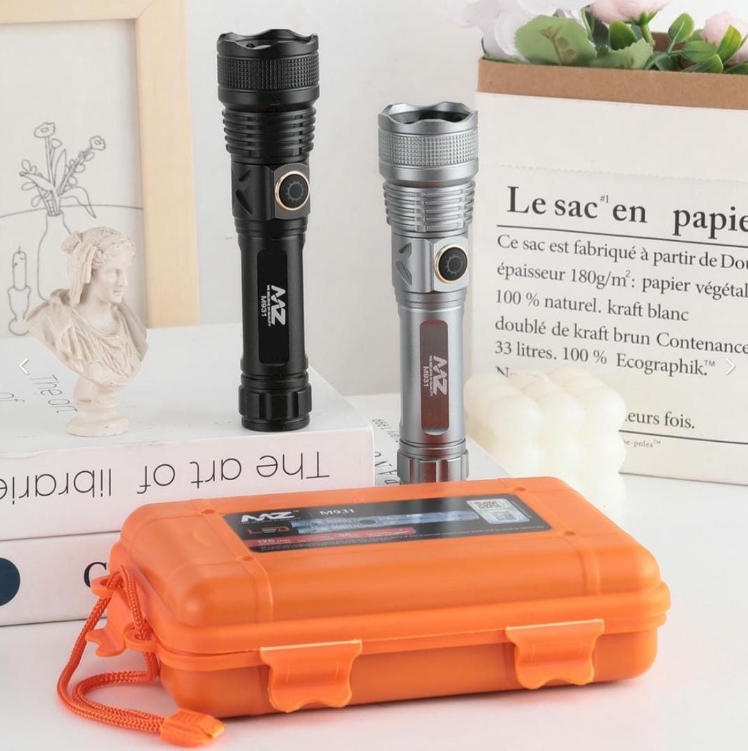 MZ M931 (RECHARGEABLE LED METAL TORCH) Zoomable with 80W Laser LED with 1800mAh Battery & 5 Modes Flashlight