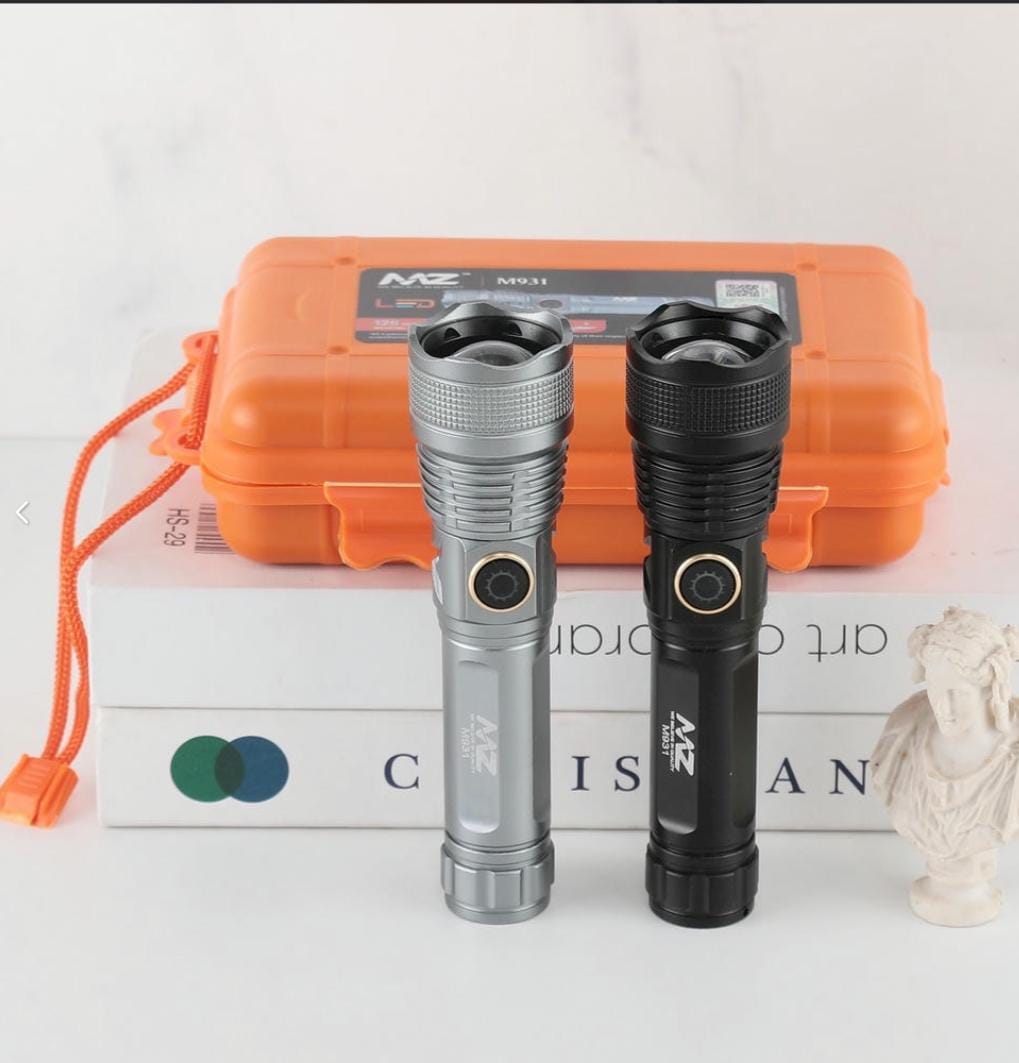 MZ M931 (RECHARGEABLE LED METAL TORCH) Zoomable with 80W Laser LED with 1800mAh Battery & 5 Modes Flashlight