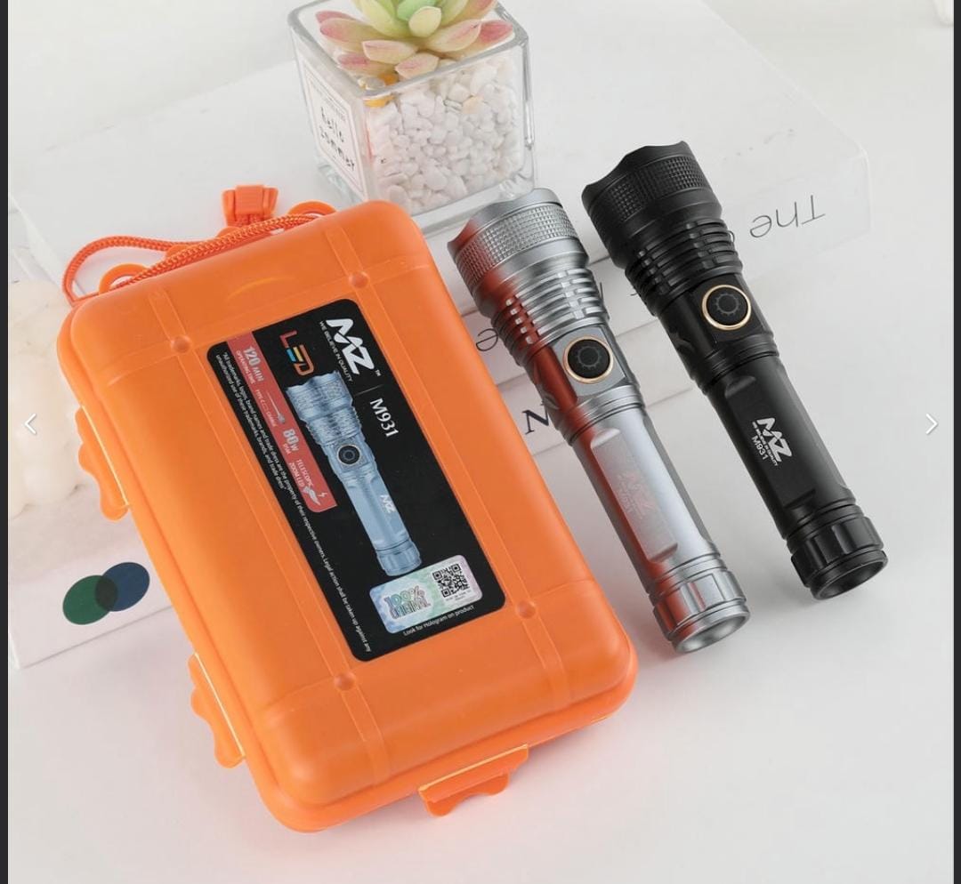 MZ M931 (RECHARGEABLE LED METAL TORCH) Zoomable with 80W Laser LED with 1800mAh Battery & 5 Modes Flashlight