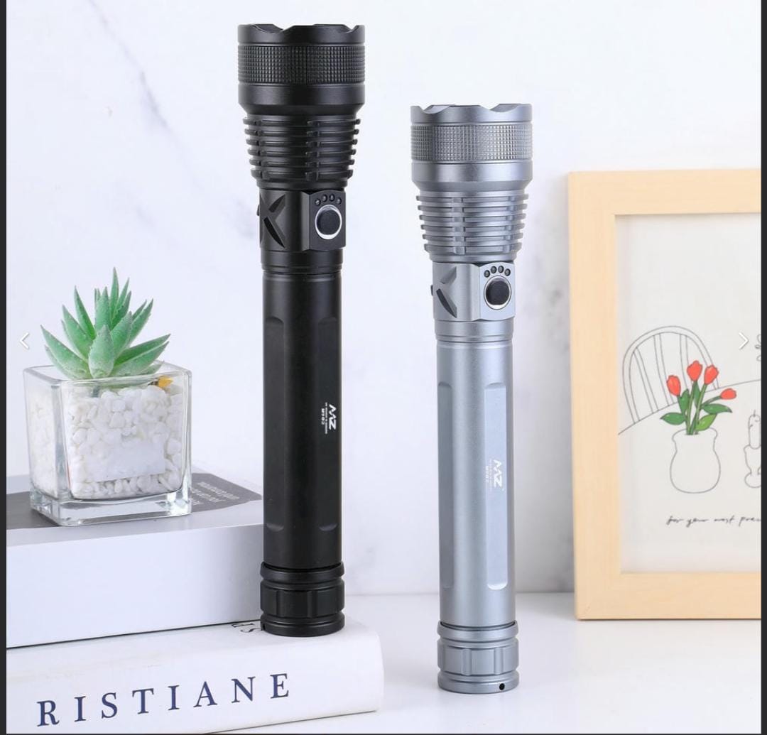 MZ M982 (RECHARGEABLE LED METAL TORCH) Zoomable 5 Modes Flashlight, Super Bright 200 W LED Light with 2400mAh Battery
