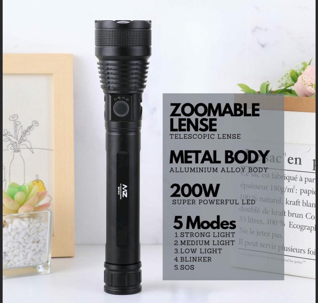 MZ M982 (RECHARGEABLE LED METAL TORCH) Zoomable 5 Modes Flashlight, Super Bright 200 W LED Light with 2400mAh Battery