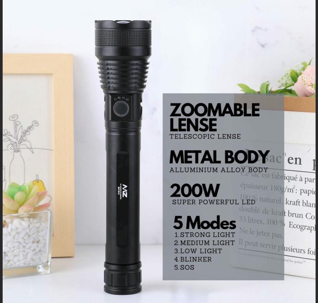 MZ M982 (RECHARGEABLE LED METAL TORCH) Zoomable 5 Modes Flashlight, Super Bright 200 W LED Light with 2400mAh Battery