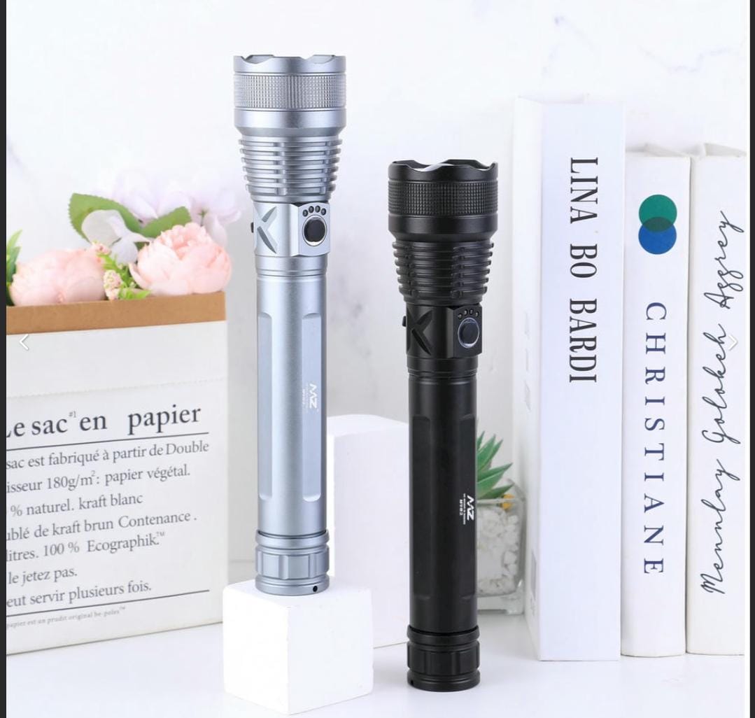 MZ M982 (RECHARGEABLE LED METAL TORCH) Zoomable 5 Modes Flashlight, Super Bright 200 W LED Light with 2400mAh Battery