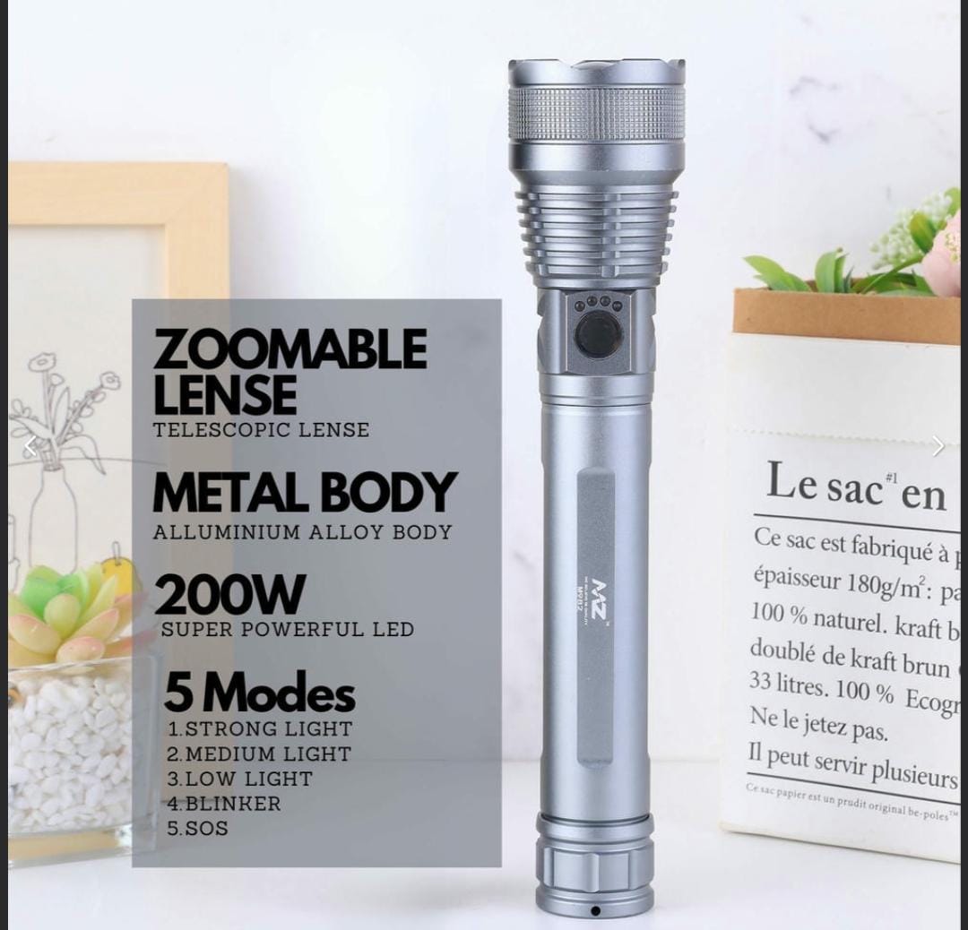 MZ M982 (RECHARGEABLE LED METAL TORCH) Zoomable 5 Modes Flashlight, Super Bright 200 W LED Light with 2400mAh Battery