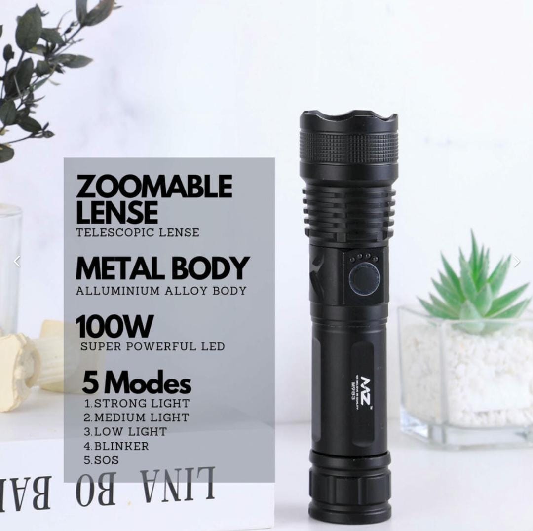 MZ M983 (RECHARGEABLE LED METAL TORCH) Zoomable 5 Modes Flashlight, Super Bright 100W Light with 1200mAh Battery
