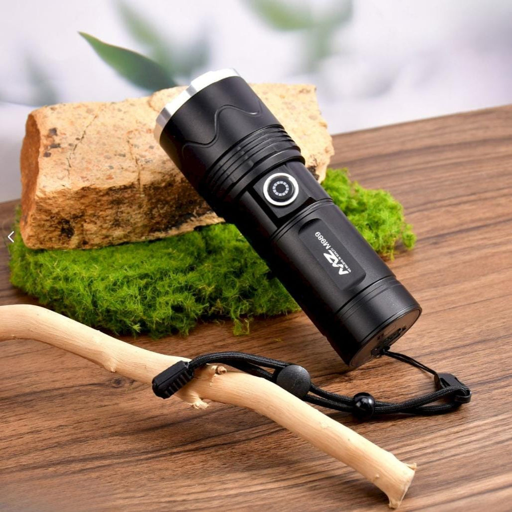M989 (RECHARGEABLE LED METAL TORCH) Zoomable 3 Modes Flashlight, Super Bright 120W Light with 5500mAh Battery