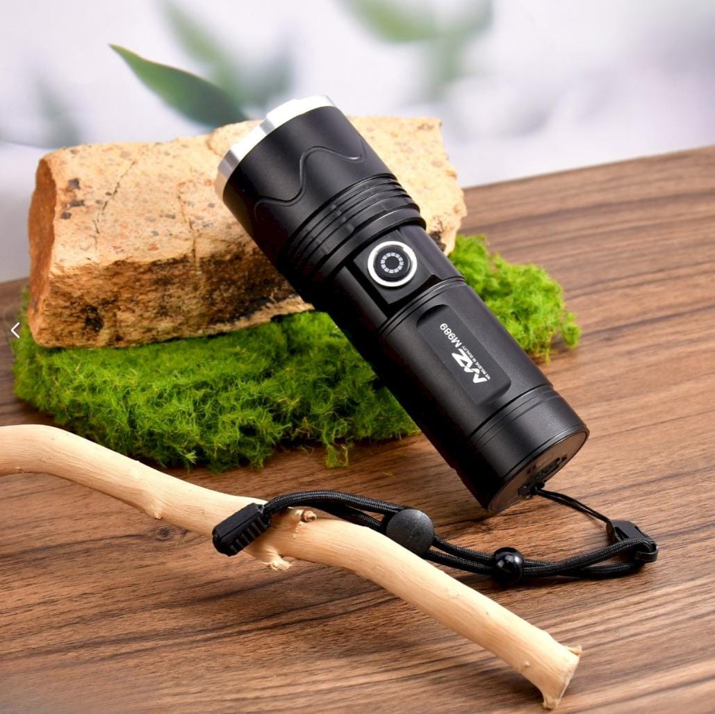 M989 (RECHARGEABLE LED METAL TORCH) Zoomable 3 Modes Flashlight, Super Bright 120W Light with 5500mAh Battery