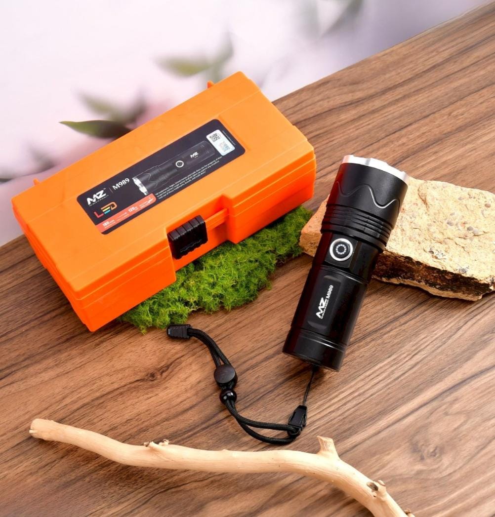 M989 (RECHARGEABLE LED METAL TORCH) Zoomable 3 Modes Flashlight, Super Bright 120W Light with 5500mAh Battery