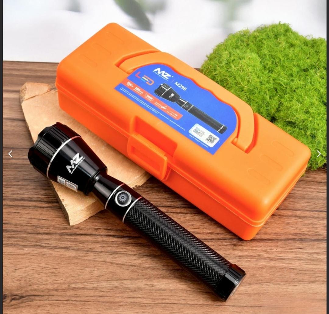 M298 (RECHARGEABLE LED METAL TORCH) Zoomable Super Bright 150W with 1500mAh Battery & 3 Modes Flashlight