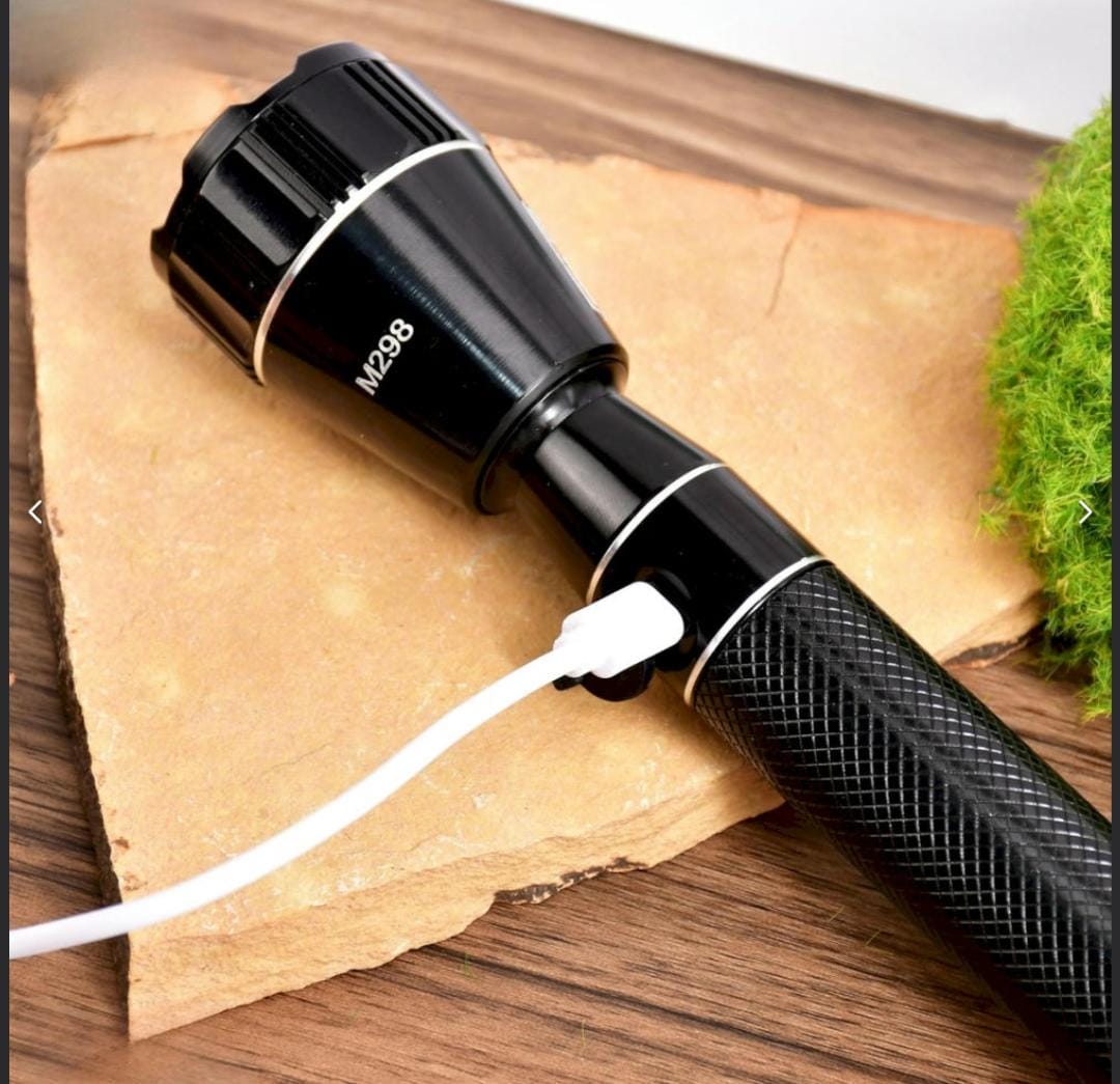 M298 (RECHARGEABLE LED METAL TORCH) Zoomable Super Bright 150W with 1500mAh Battery & 3 Modes Flashlight