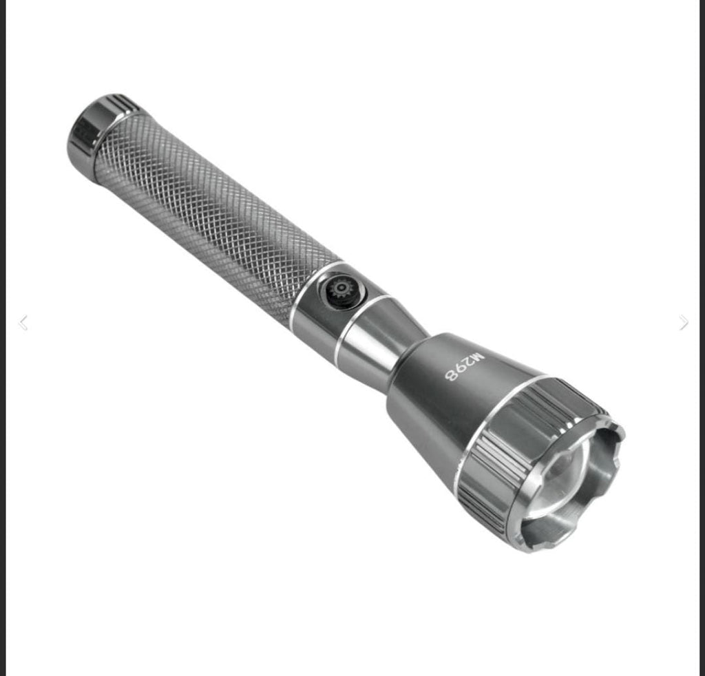 M298 (RECHARGEABLE LED METAL TORCH) Zoomable Super Bright 150W with 1500mAh Battery & 3 Modes Flashlight