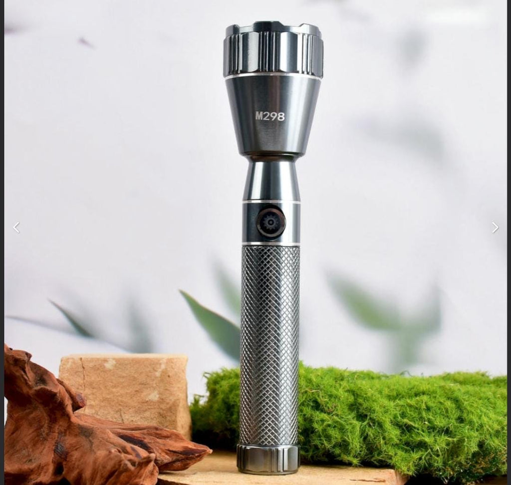 M298 (RECHARGEABLE LED METAL TORCH) Zoomable Super Bright 150W with 1500mAh Battery & 3 Modes Flashlight